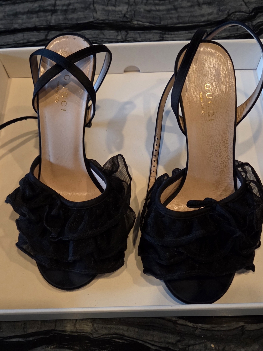 Gucci High Heel Tulle Toulle Black Ruffle Slingback Heels